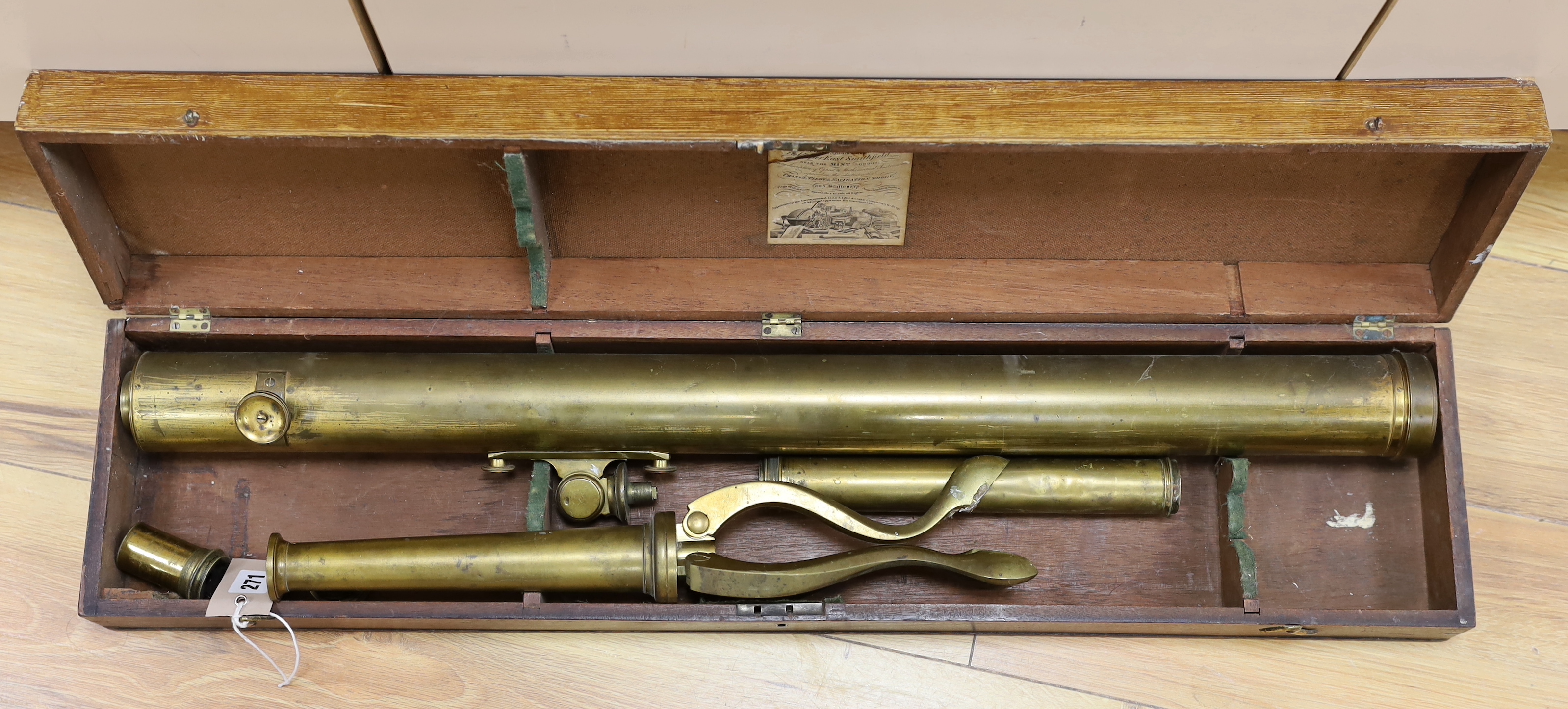 A cased Victorian brass telescope on folding tripod by George Richardson, London, case 78.5cm